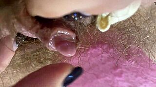 Hey, check this extreme closeup of wet hairy clit rubbing?