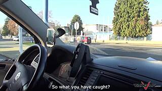 Horny brunette pulls over in the car for some fun sex and cum on her tits 😍