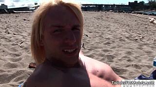 the cute blonde twink gets naked and engages in hardcore gay sex with blowjob