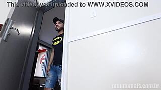 man in hotel for group sex with guys. He has big cock in 3some