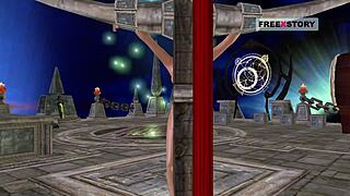 Beautiful girl poses sexily and masturbates with carrot in 3D cartoon