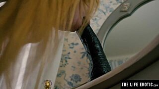 horny blonde rides huge dildo doggy in fishnets