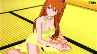 Horny Asuka in yellow dress guides your handjob