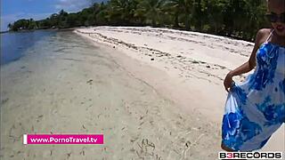 Girlfriend Gives Blowjob on Public Beach, Leading to POV Fuck with Friend