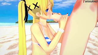 Marie rose in bikini performs oral sucking on the beach in hentai anime fantasy