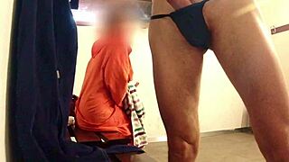 hard cock exposed at pool restroom for big-boobed babe.