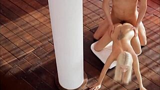 A thin beautiful blonde receives a blowjob, anal fucking, and orgasm on a pole in softcore European scene.