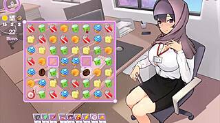 Tsundere milf boss teases with massive tits in hentai game.