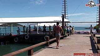 busty black haired girl anal 3some on boat