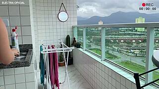 Brazilian employee in mini shorts cleans naughtily, showing huge ass on security camera