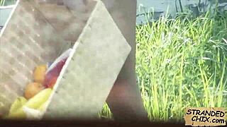 Ebony teen 18+ Diamond Monroe bangs outdoors for cash