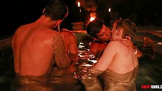 Finn, Ethan, Colby, and Mickey bareback in hot tub orgy.