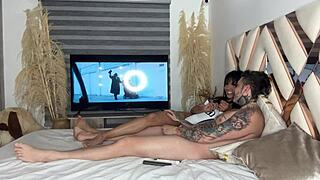 Best friend licks pussy while boyfriend watches movie?