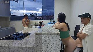 Hey, fucking hot wife in kitchen till she cums while cuckold watches?