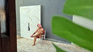 Caught hot neighbor showering in backyard after beach