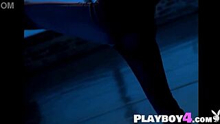 Sexy blonde milf model Ashley Mattingly poses in lingerie, slowly undressing and stripping naked, showing off her big tits.