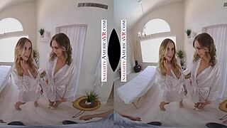 First massage parlor visit turns steamy with hot blondes Aiden Ashley and Tiffany Watson. Handjobs and cum on tits await!