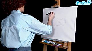 Ryan Keely, the big-tits milf, cosplays as Bob Ross and gets aroused during her painting tutorial