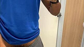 Pauzudo voyeurs big cock in shopping dressing room. Shower scene with monster cock.