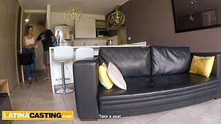 Latina model in lingerie gets her tight pussy pounded by huge cock at casting