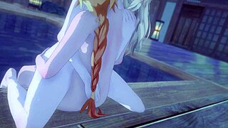 kissing jean with her hair down in this 3d cartoon genshin impact hentai anime scene