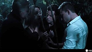 busty chick stuck in time, banged by three in forest