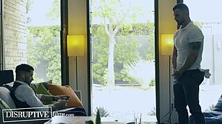 Watch the boss jerk off as his muscular assistants tease and rim him roughly. They fuck interracial bareback in front of him at disruptivefilms