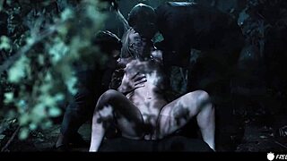 busty chick stuck in time, banged by three in forest