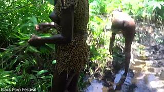 two african tribe girls mess around with village chief deep in the forest
