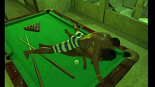 Intense pool table game with anime characters