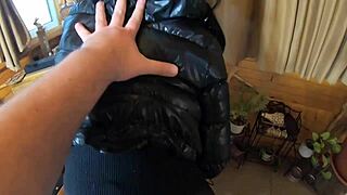 Milfycalla Gets Cum On Black Down Jacket And Leather Leggings In Rough Deepthroat.
