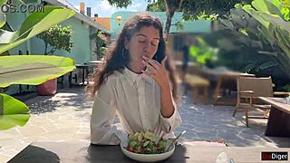 cum on her face at a public cafe during lunch