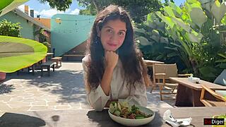 cum on her face at a public cafe during lunch