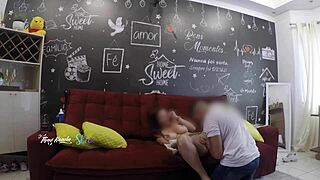 Can you believe this hot wife let the delivery guy suck her on sofa?