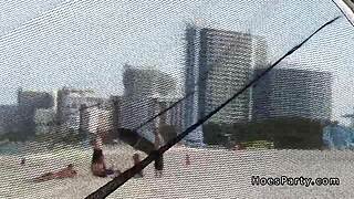 Amateurs bang in outdoor beach party tent with facial cumshots