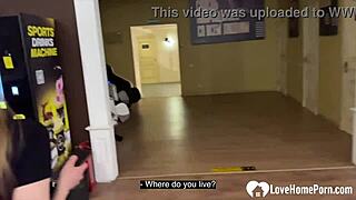 fun sex in the public bathroom with her shaved pussy on her knees bent over the mirror