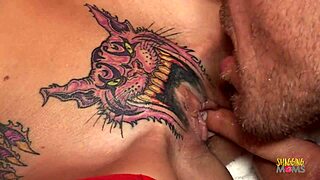 Skinny Blonde With Pussy Tattoo Gets Creampie On Red Couch.