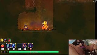 Chubby ebony gamer girl masturbates big tits while playing dead cells.
