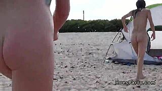 Amateurs bang in outdoor beach party tent with facial cumshots