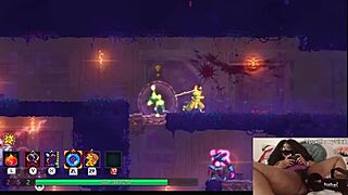 Chubby ebony gamer girl masturbates big tits while playing dead cells.