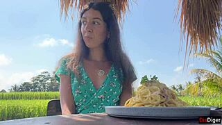 Bold Cumwalk: Eating Pasta Carbonara with Sperm on Face in Public Cafe