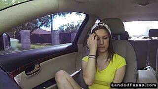 Petite teen hitchhiker engages in hardcore outdoor POV sex with monster cock.