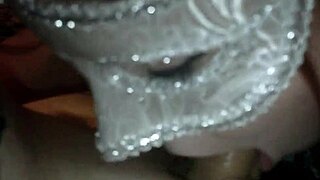 Masked wife performs deepthroat blowjob for amateur slut.