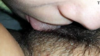 lesbian hairy pussy eating close up, so wet and tasty