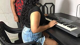 Curvy Young Woman In Tight Skirt During Hot Keyboard Lessons