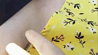 excited housewife flashes her big tits while driving outdoors