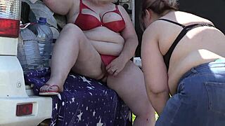 Mature lesbians with big asses are behind the scenes outdoors, where a voyeur watches them in a public park with a hidden camera, featuring chubby milfs in sexy lingerie for an amateur fetish pawg experience