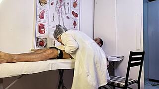 Patient gets hard during exam with cute nurse watching.