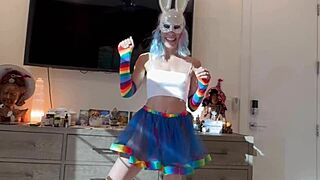 Bad bunny squirts on cock during halloween trick-or-treat.