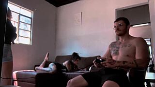 Feeling wet and excited sucking Carmona while playing video game with big ass tattoo